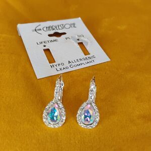 Charlestone Silver Tone Teardrop Aurora Borealis Rhinestone Leverback Earrings